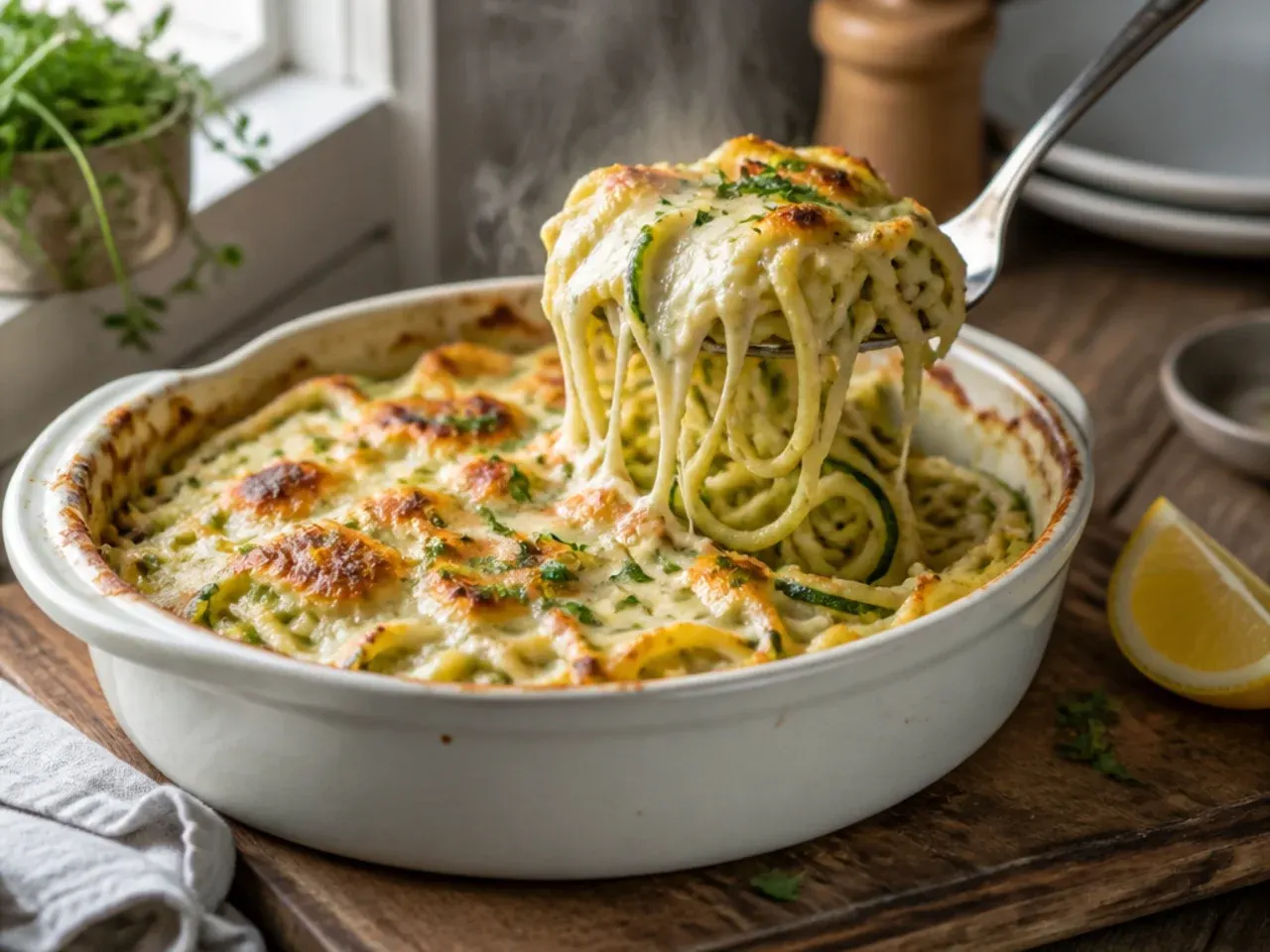 Golden baked zucchini pasta casserole in a ceramic dish fresh from the oven