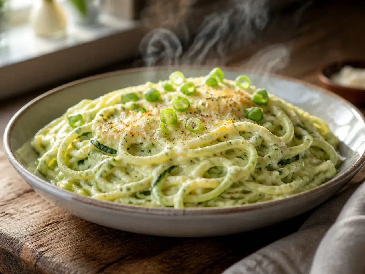 Creamy pale green zucchini Alfredo sauce coating fettuccine in a bowl