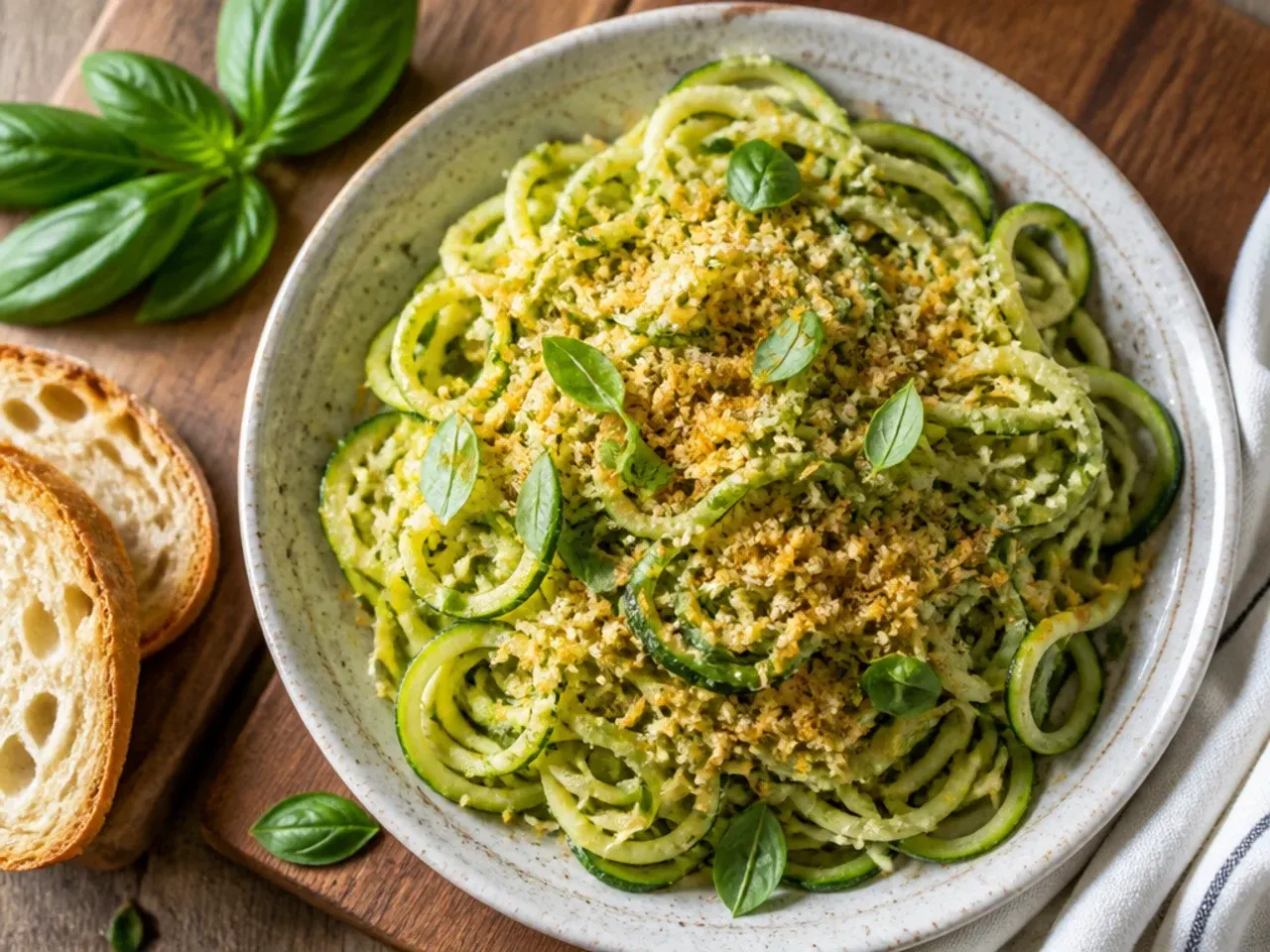 A simple bowl of five-ingredient zucchini pasta with cracked black pepper on top