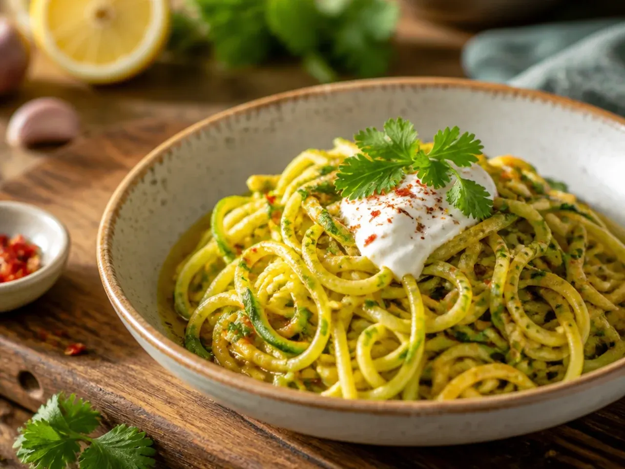 Zesty lemon and chilli zucchini pasta garnished with lemon zest curls
