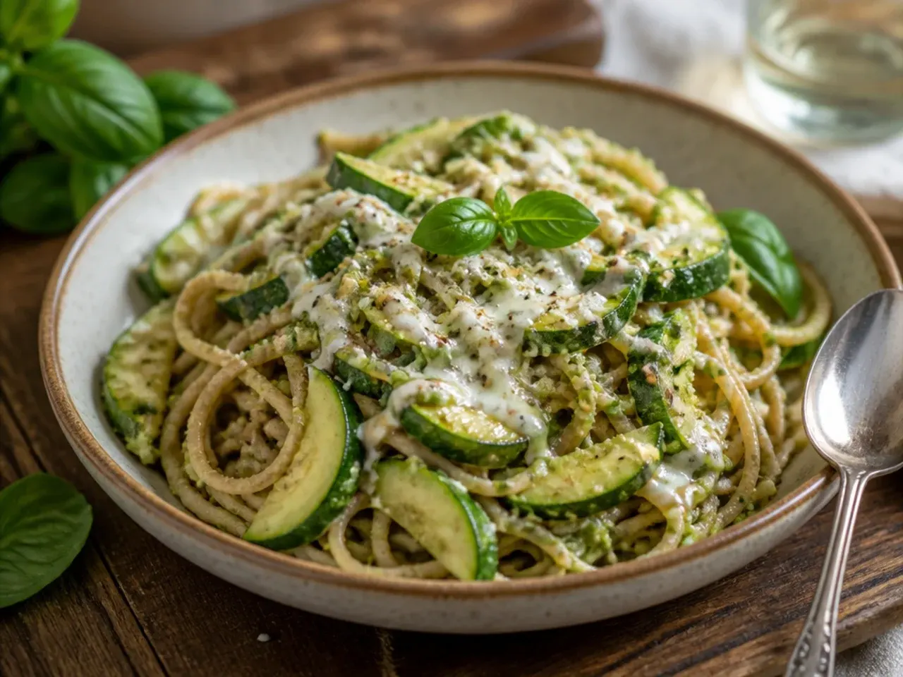 Wholewheat zucchini pasta with green pesto and rocket leaves