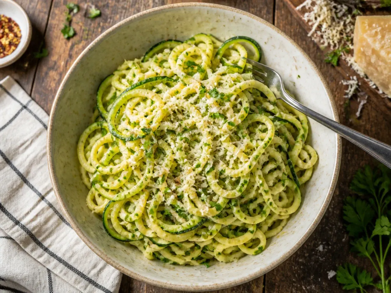 Budget-friendly zucchini pasta with tomato sauce in a large family bowl