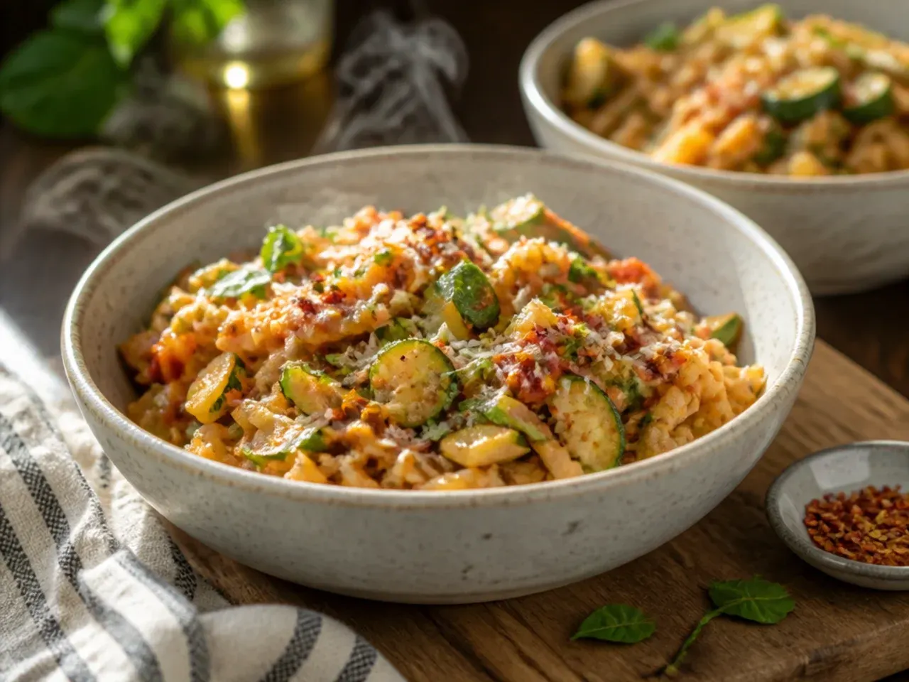 One-pot zucchini pasta simmering in a single large skillet