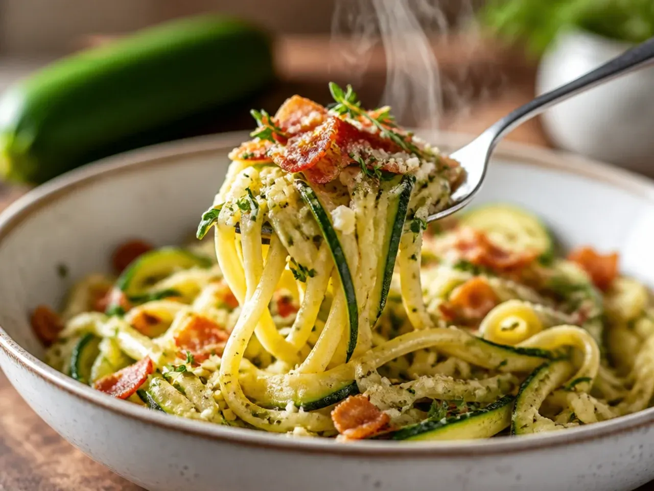Rustic zucchini and pancetta pasta with crispy pancetta pieces on top