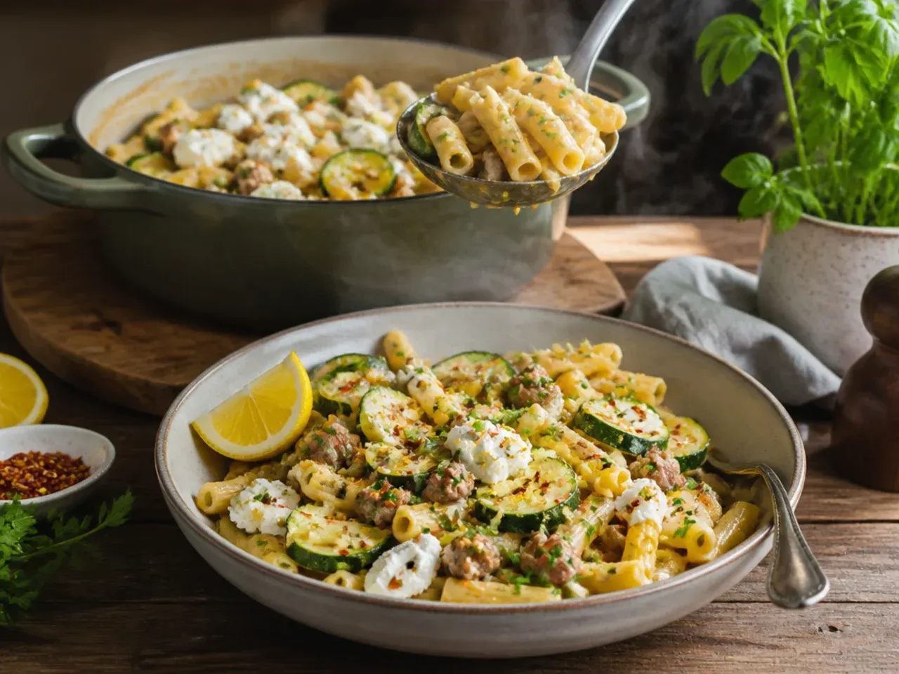 Loaded zucchini pasta with sausage crumbles and dollops of ricotta