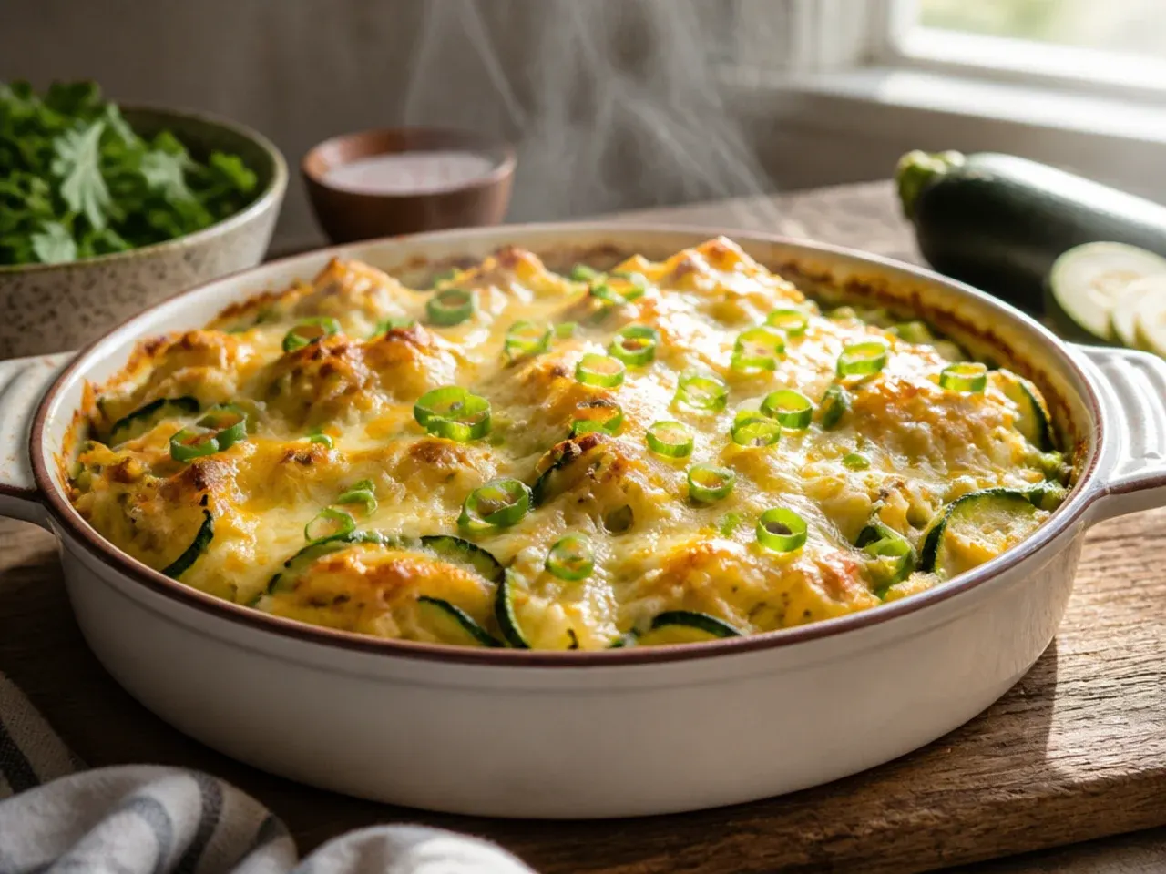 Cheesy zucchini pasta casserole with melted mozzarella being served with a spoon