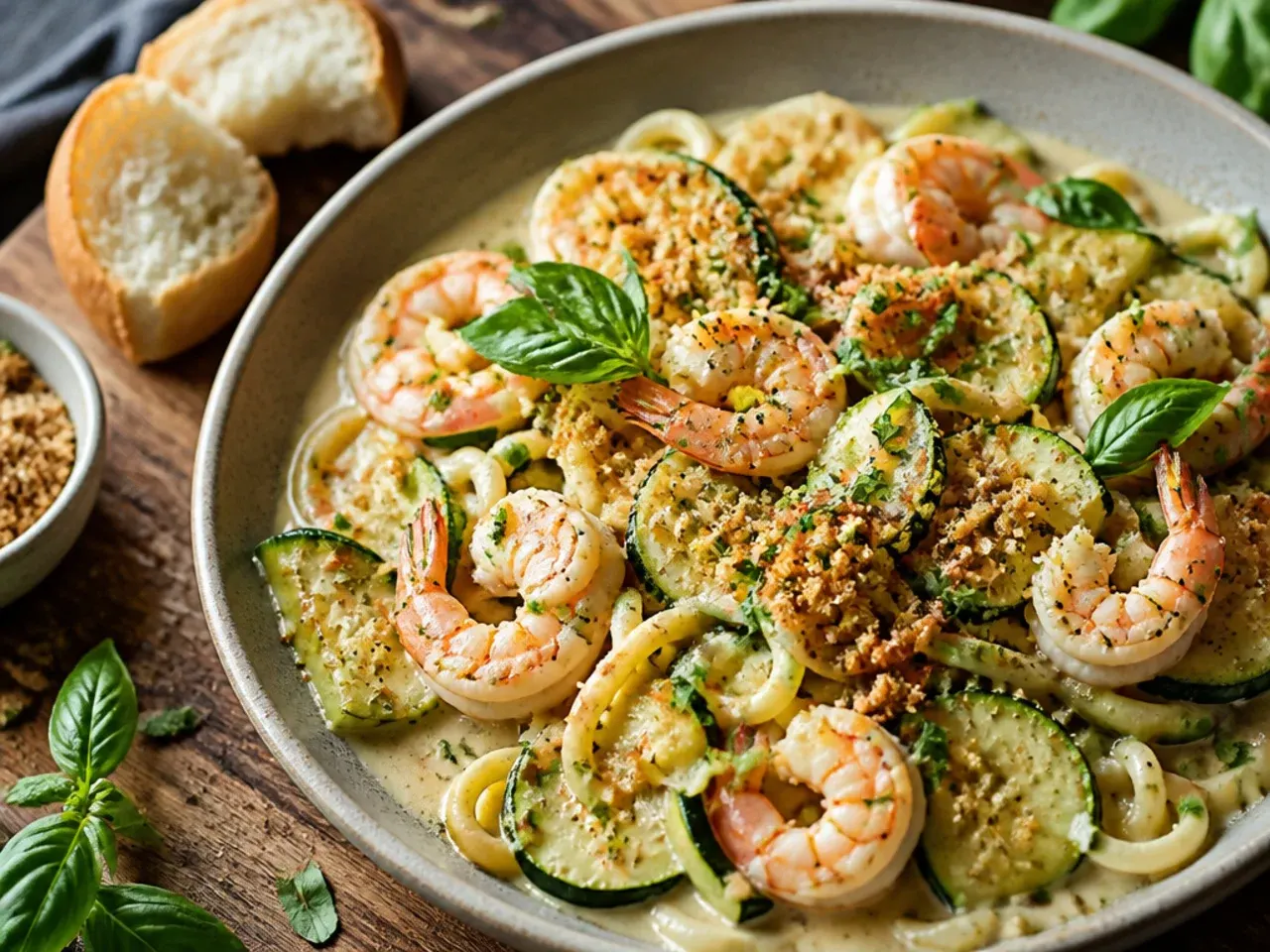 Creamy zucchini and shrimp pasta with pink prawns and fresh herbs
