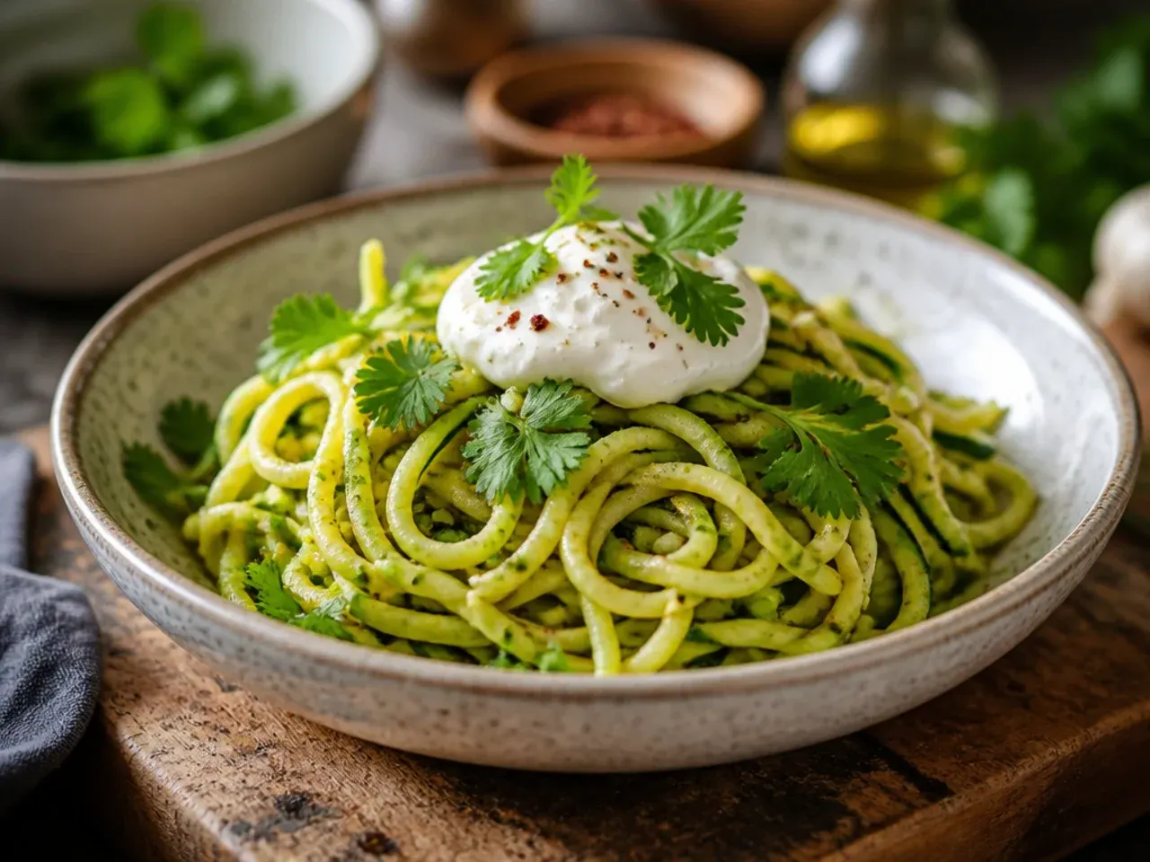 A plate of quick low-carb zucchini zoodles tossed in sauce