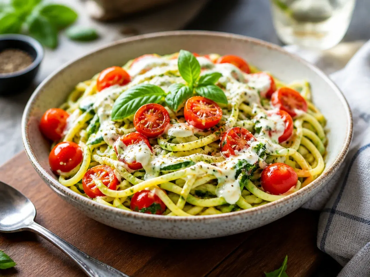 Spaghetti with zucchini and raw halved cherry tomatoes tossed through