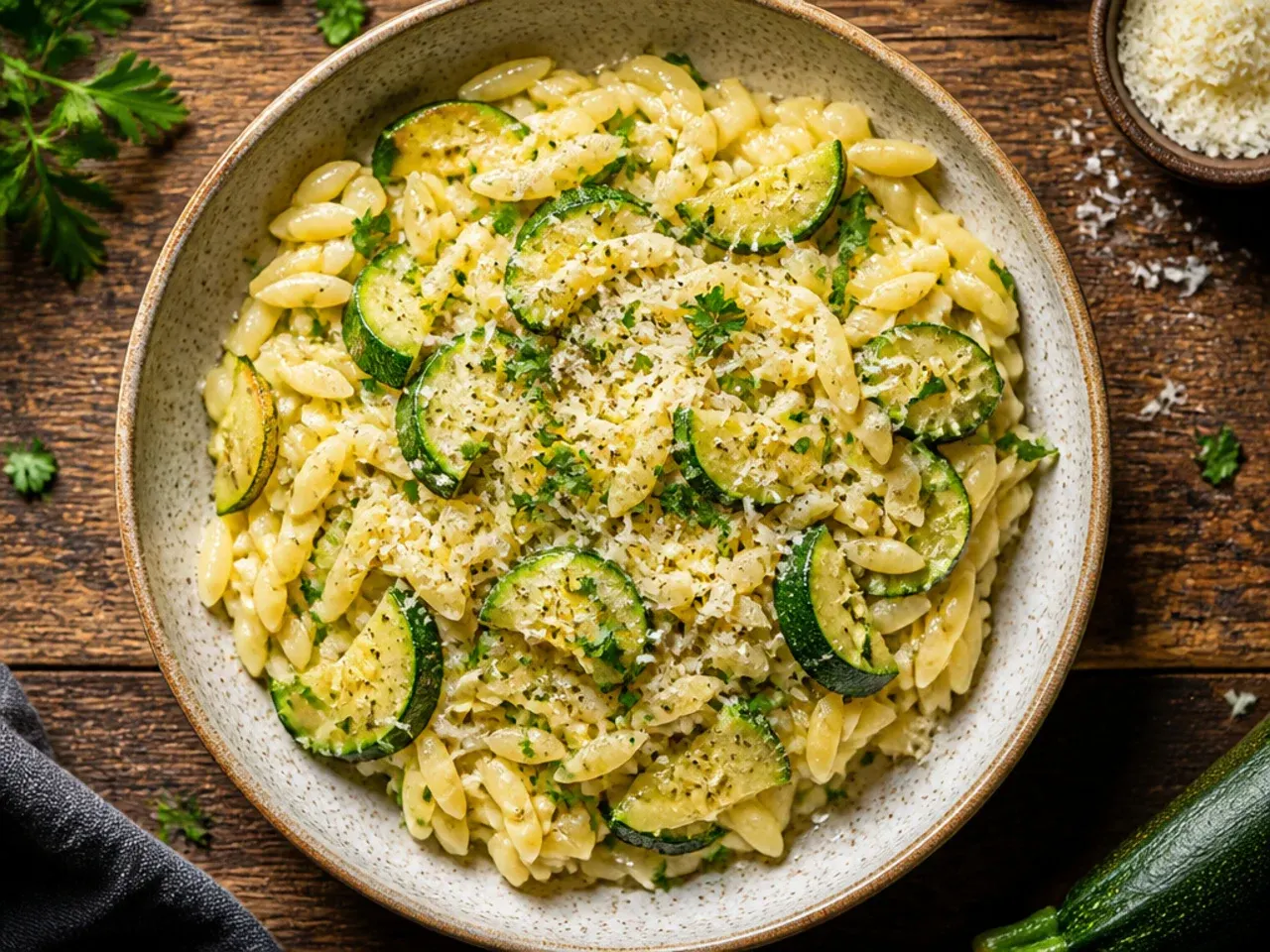 Creamy zucchini orzo in a shallow bowl with a wooden spoon