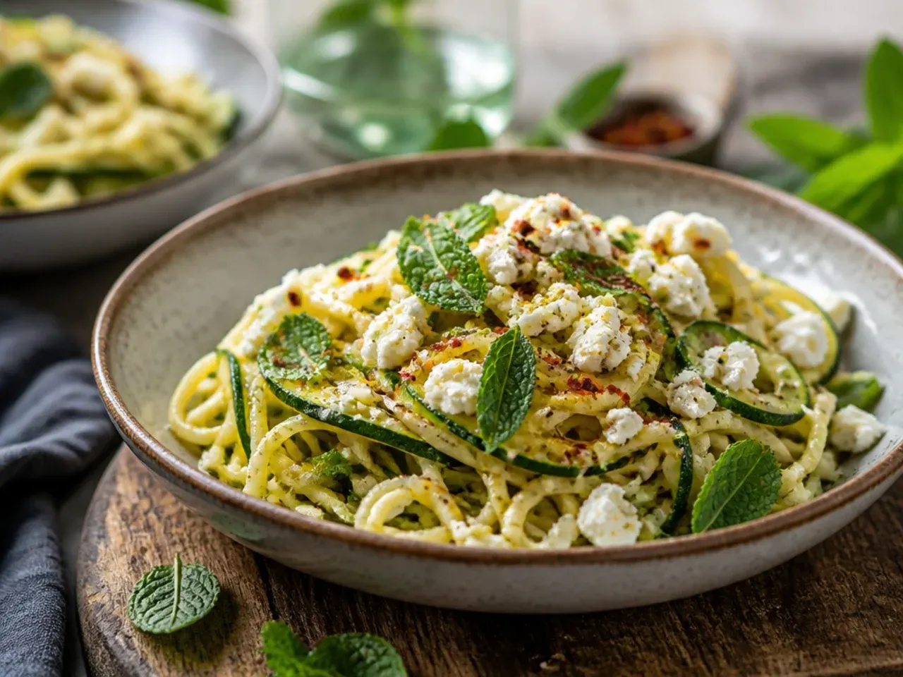 Zucchini pasta with crumbled feta and fresh mint leaves scattered on top