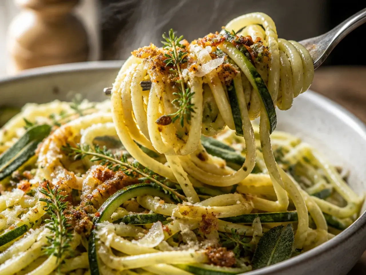 Zucchini pasta with crispy fried sage leaves in brown butter sauce