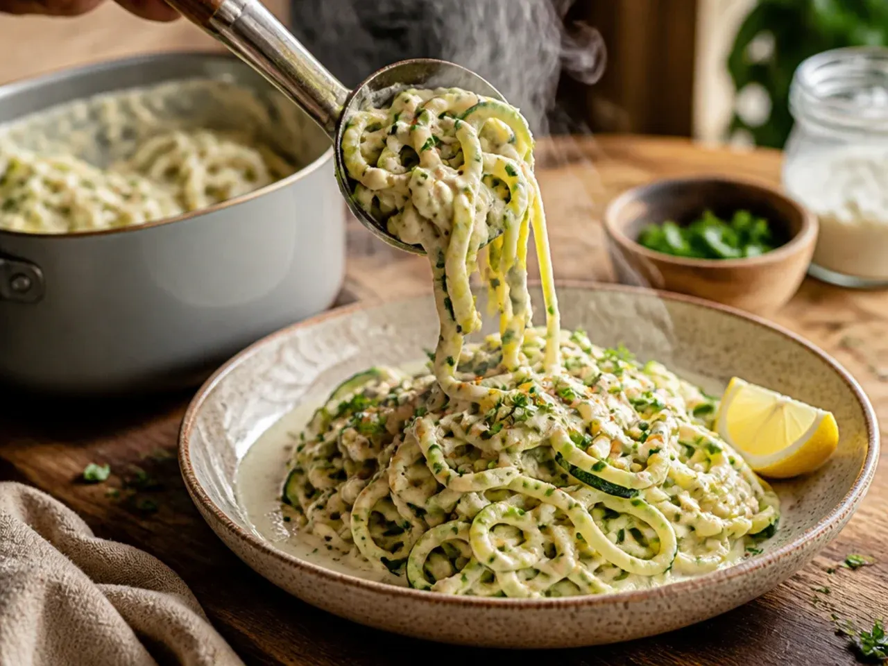Vegan cashew zucchini pasta in a bowl with a creamy pale sauce