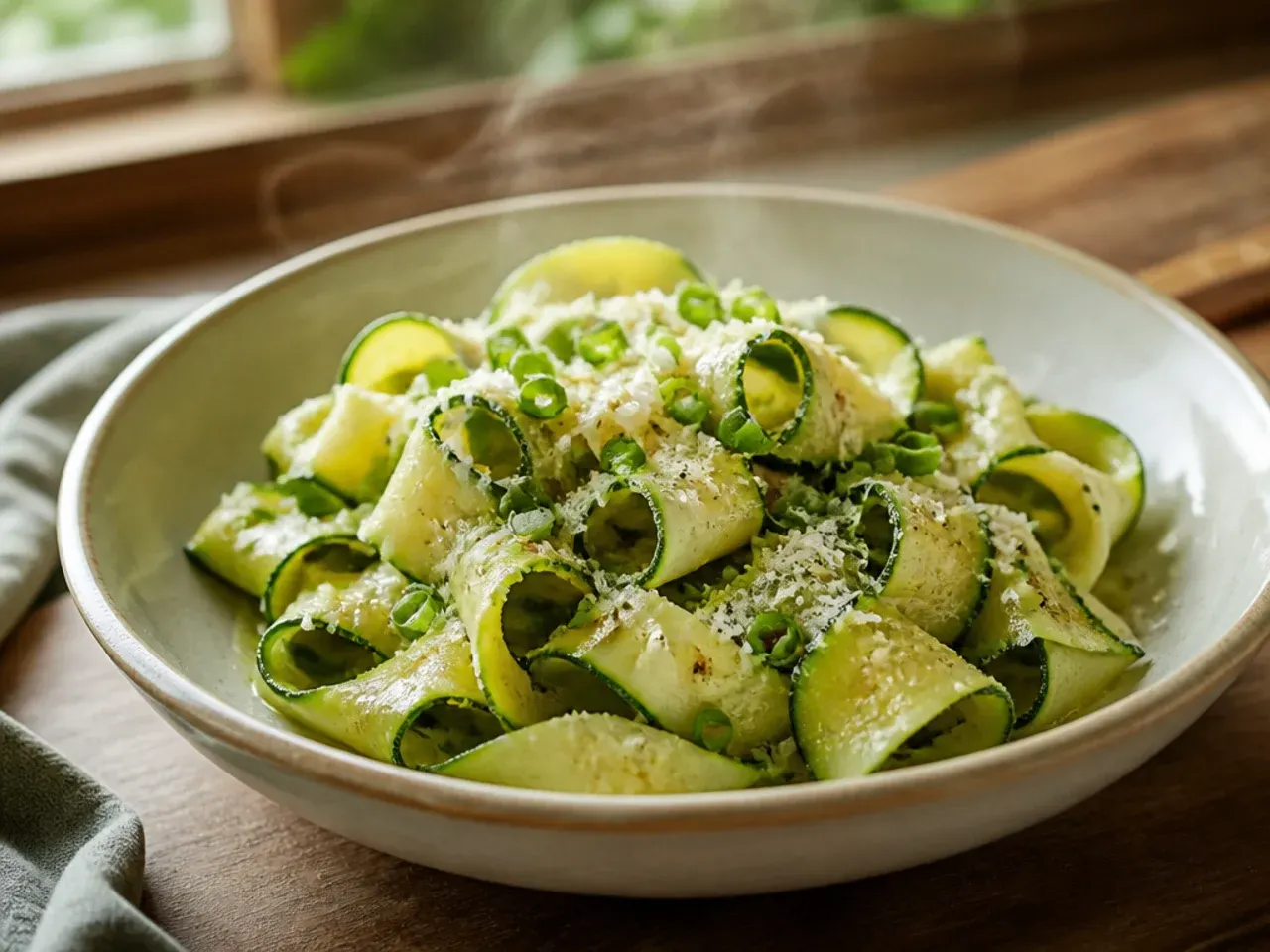 Zucchini ribbons tossed with pasta and shaved Parmesan curls