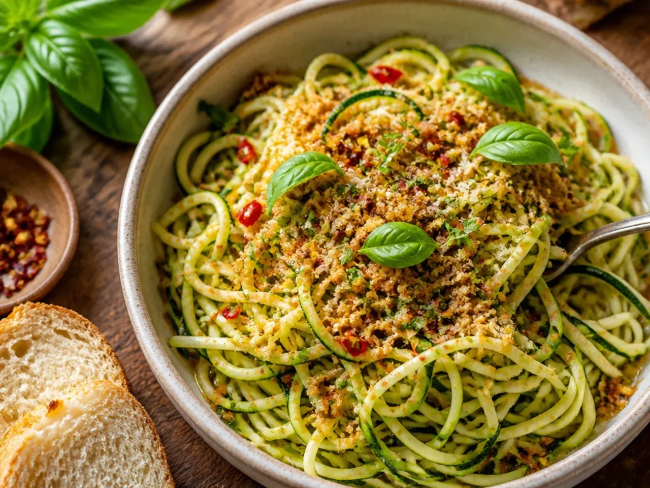 Fiery chilli garlic zucchini pasta topped with golden toasted breadcrumbs