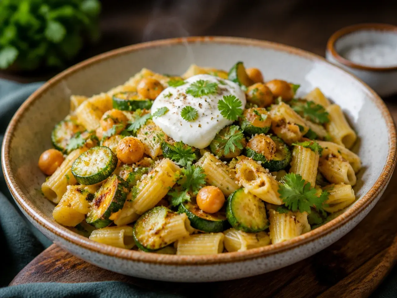 Chickpea pasta with sautéed zucchini in a rustic bowl