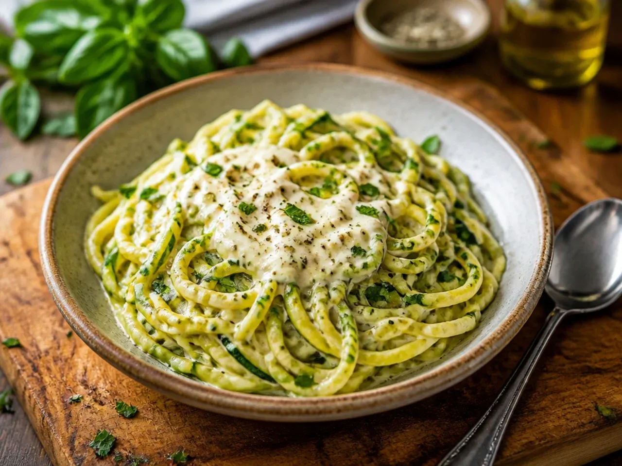 Zucchini pasta loaded with mixed leftover vegetables