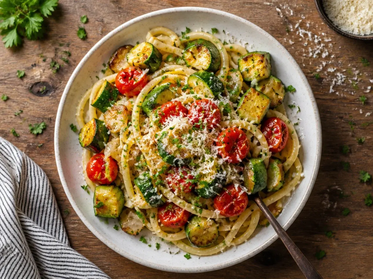 Sheet pan of roasted golden zucchini being tossed into cooked pasta