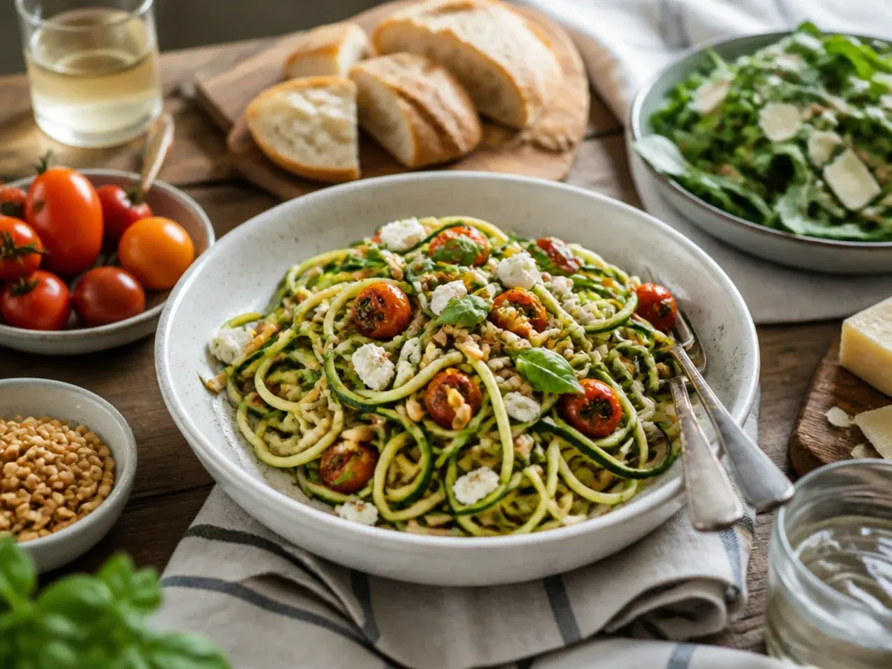 Table set with zucchini pasta, a green salad and crusty bread