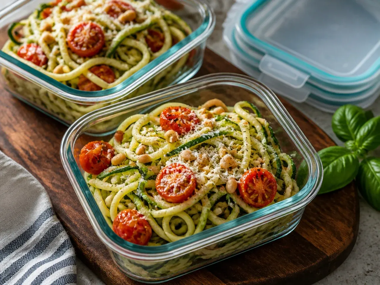 Leftover zucchini pasta stored in a glass airtight container