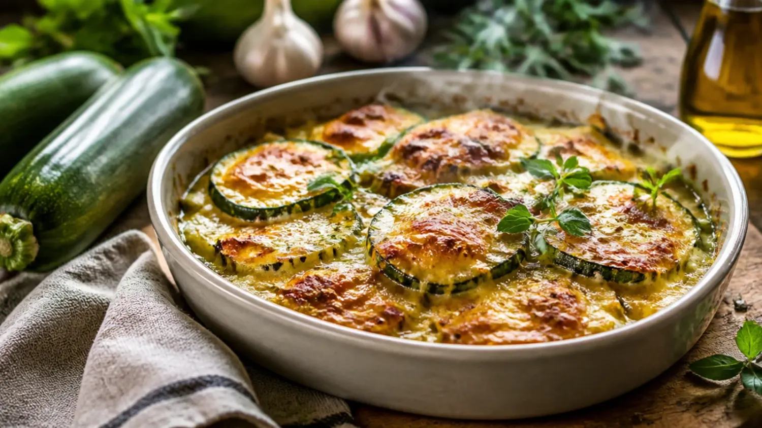 Overhead spread of assorted zucchini dishes including sautéed zucchini, zucchini bread, and stuffed zucchini boats on a wooden table