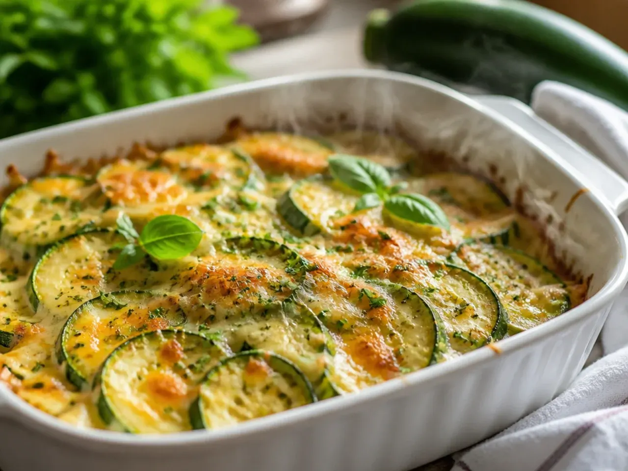 Overhead spread of assorted zucchini dishes including sautéed zucchini, zucchini bread, and stuffed zucchini boats on a wooden table