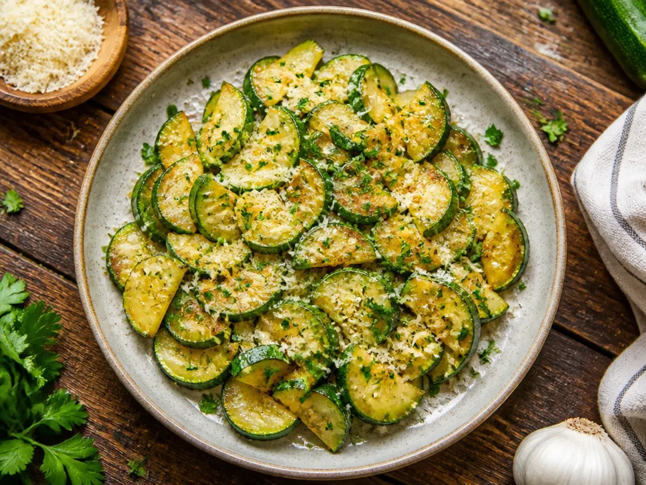 Golden sautéed zucchini rounds in a skillet topped with melted Parmesan and fresh basil