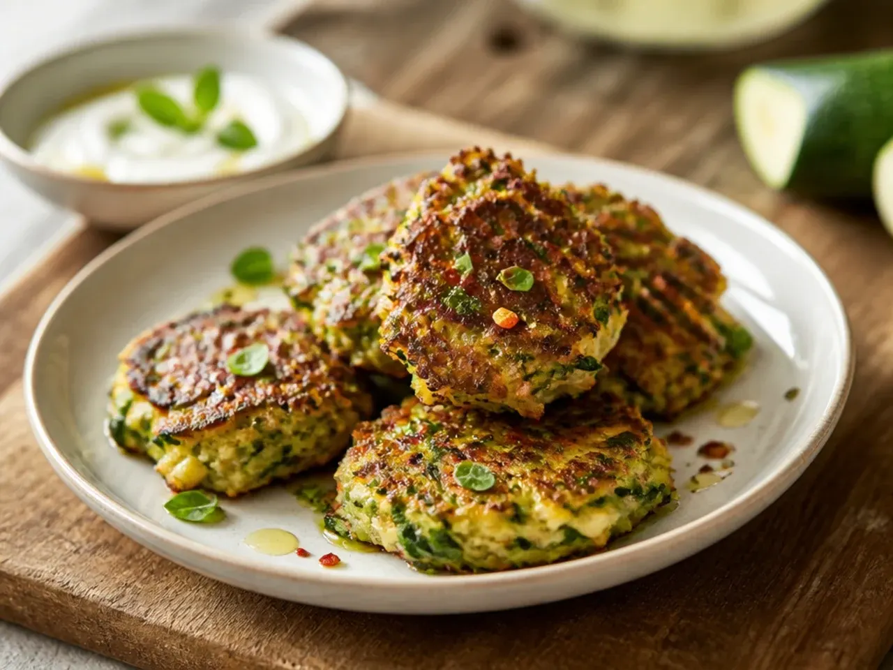 Stack of golden-brown zucchini fritters on a plate with a bowl of yoghurt dip