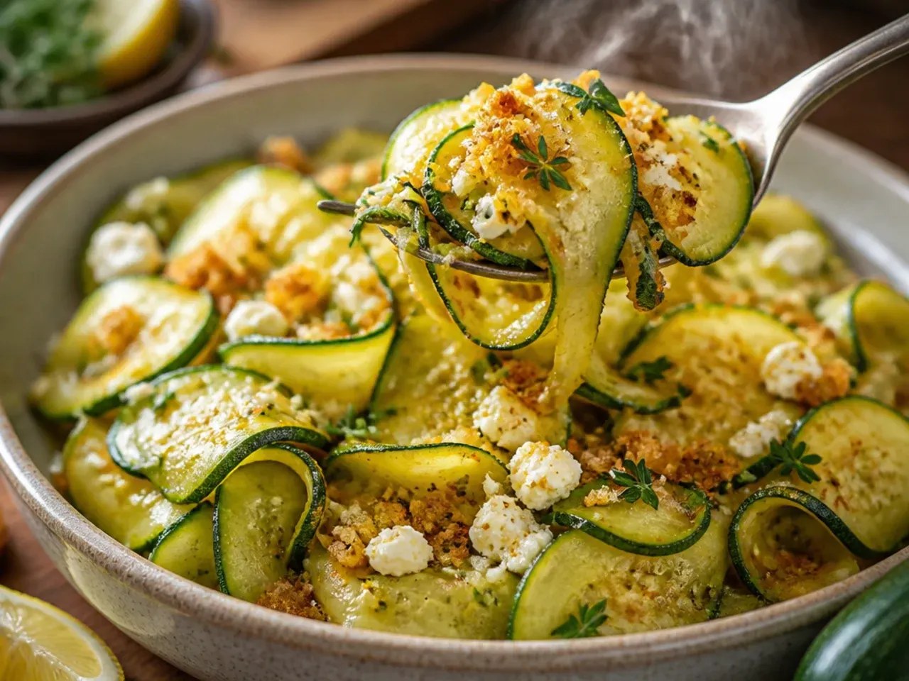 Raw zucchini ribbon salad with crumbled feta, mint leaves, and toasted pine nuts