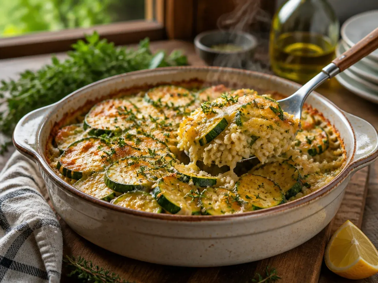 Baked zucchini and rice casserole with a golden breadcrumb topping in a white dish