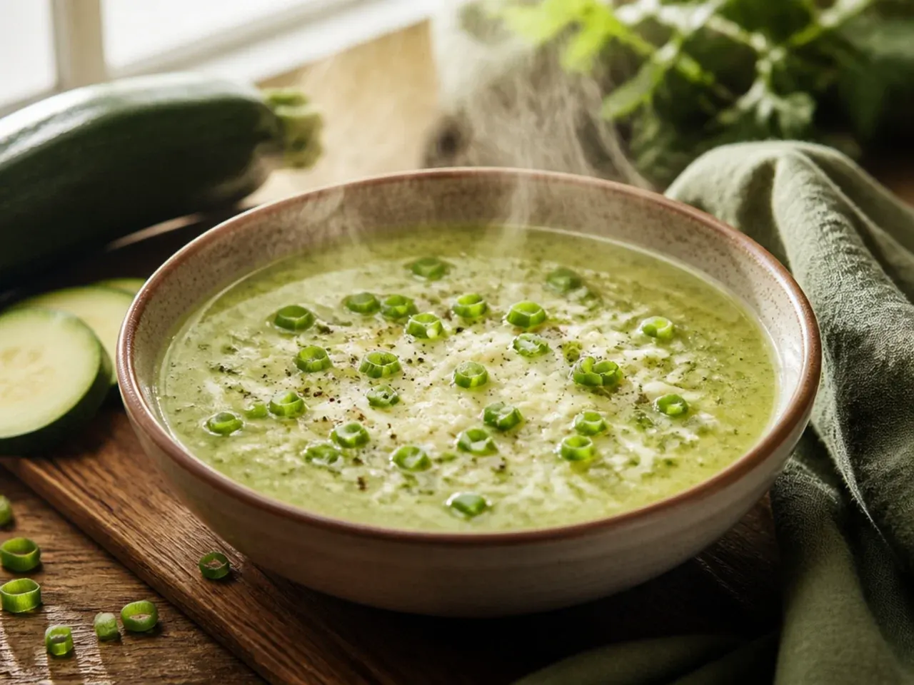 Bowl of creamy pale-green zucchini soup swirled with cream and fresh herbs