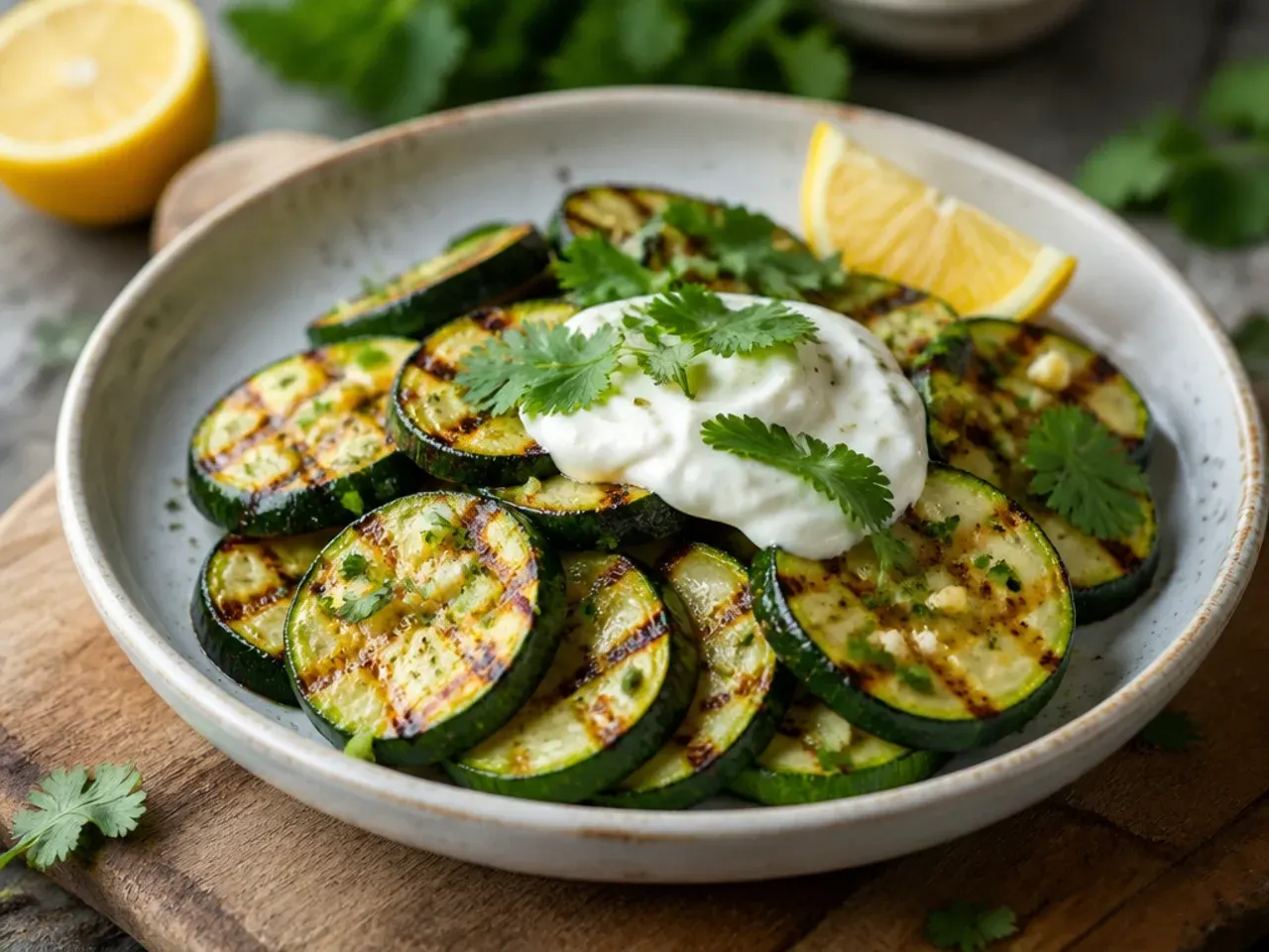 Char-grilled zucchini planks with visible grill marks and a lemon wedge
