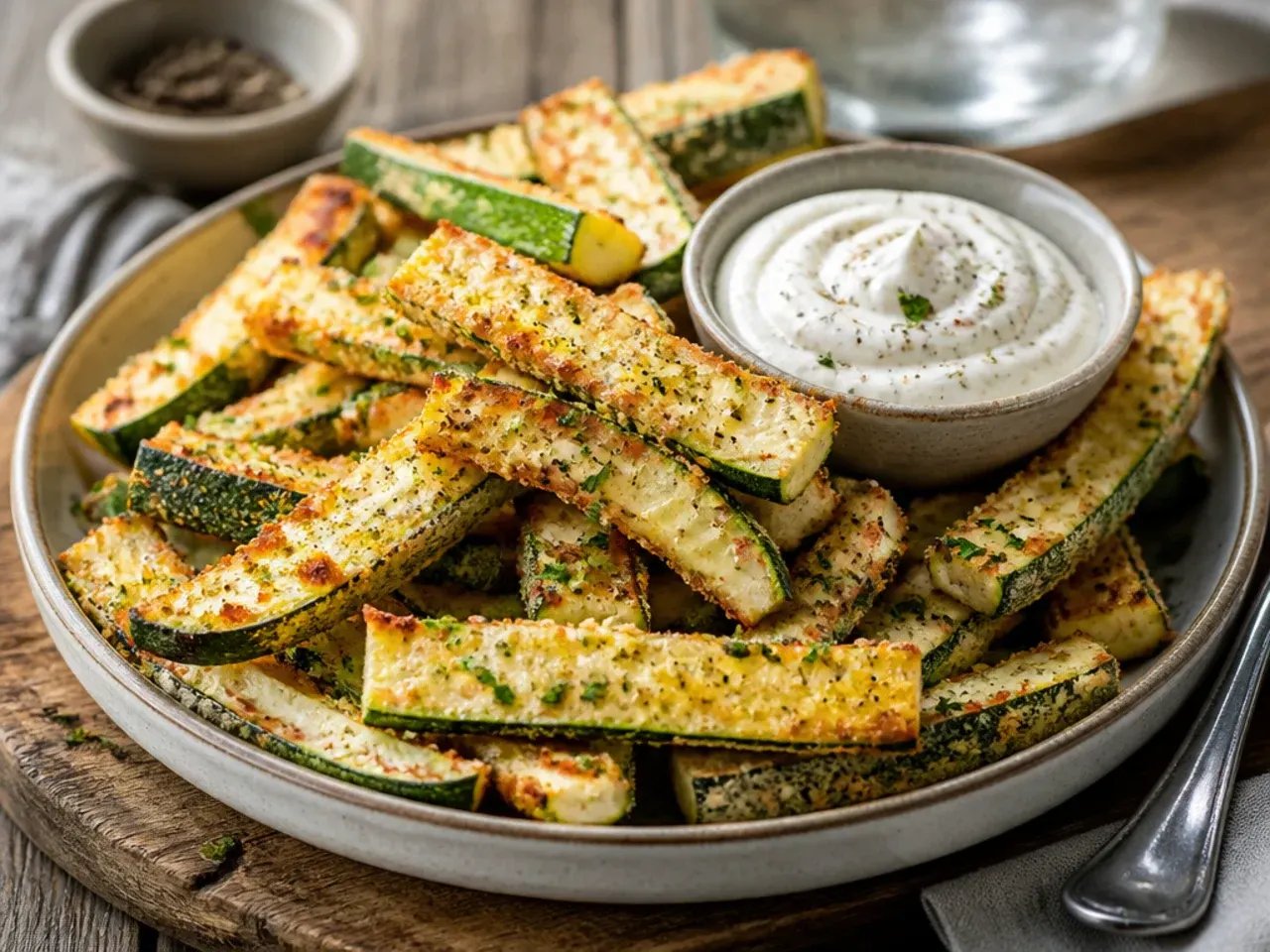 Crispy baked zucchini fries with panko coating served with dipping sauce