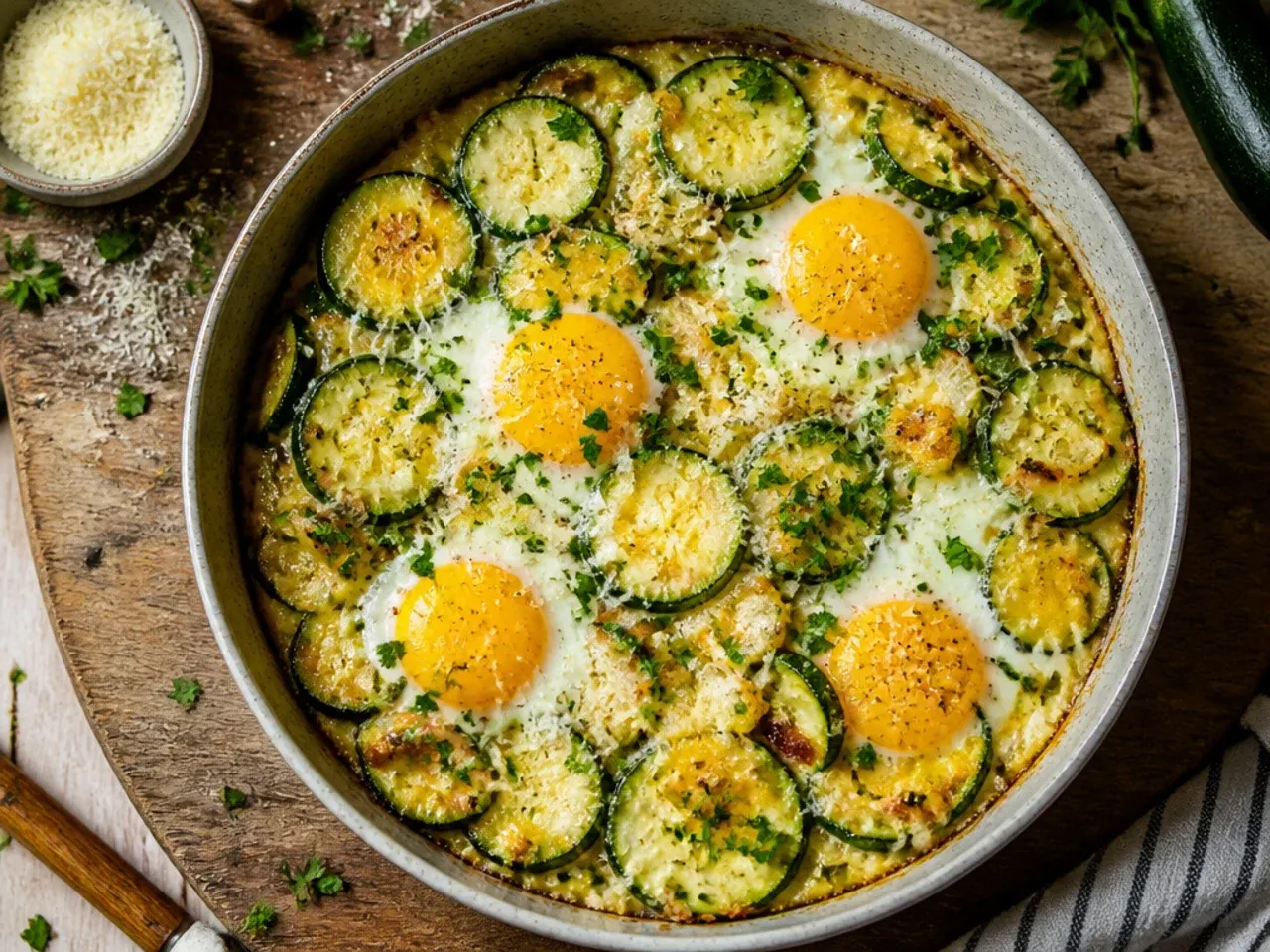 Zucchini and egg skillet frittata cut into wedges in a cast iron pan