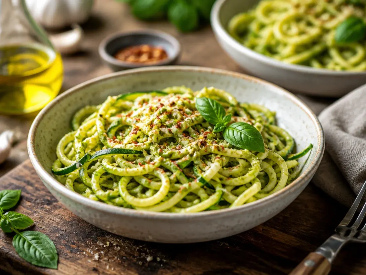 Spiralised zucchini noodles tossed in green pesto with halved cherry tomatoes