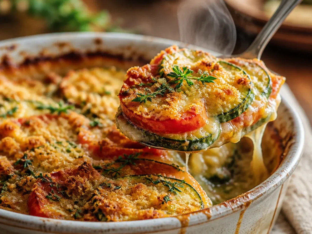 Rustic baked zucchini and tomato gratin with golden breadcrumb topping