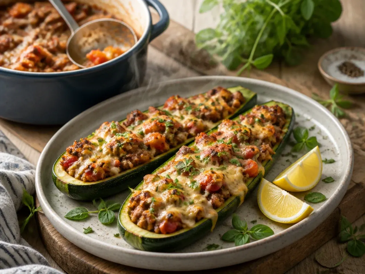 Stuffed zucchini boats filled with meat, rice, and melted cheese on a baking tray