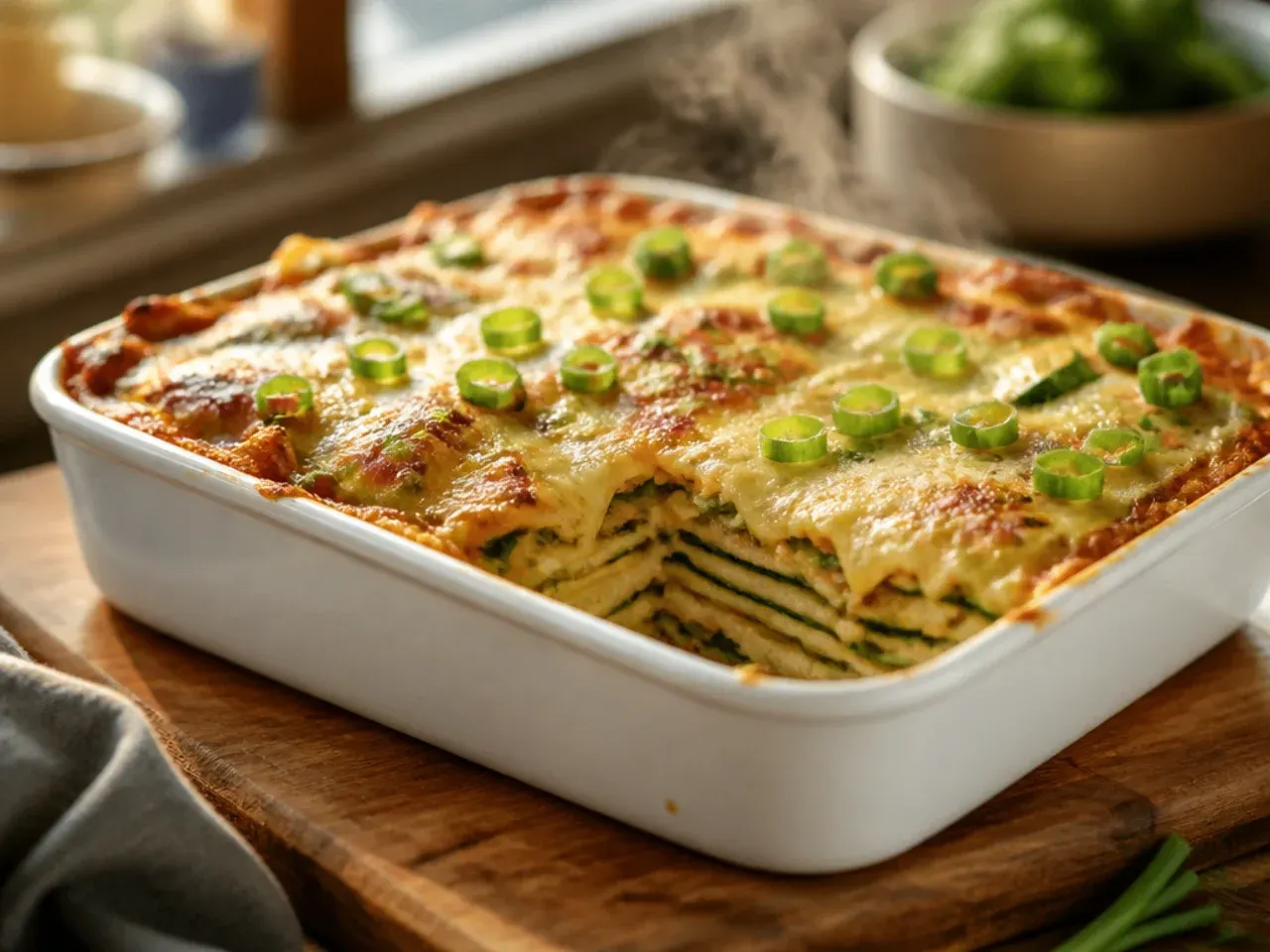 Sliced zucchini lasagna showing layers of meat sauce, ricotta, and melted cheese
