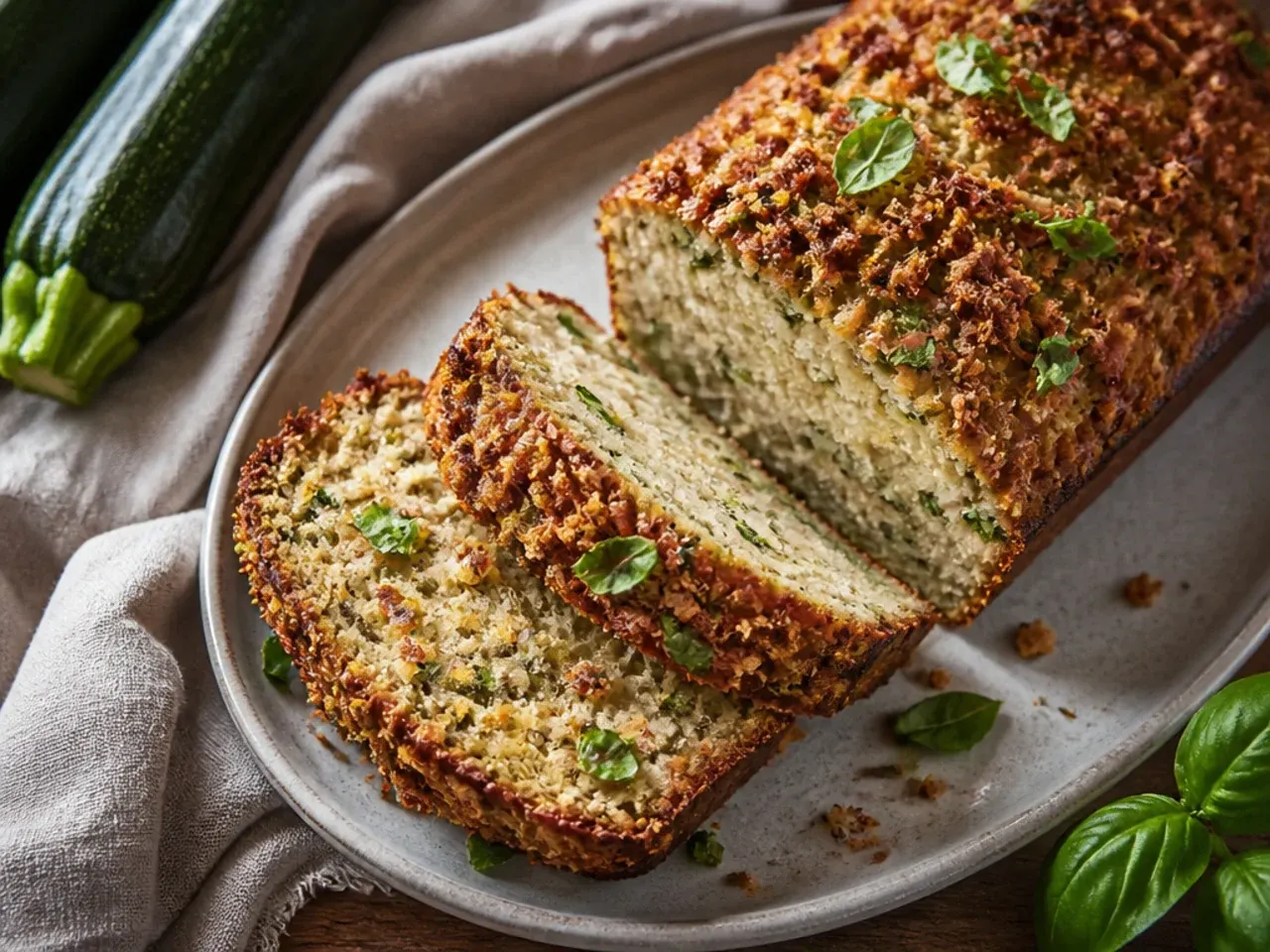 Sliced loaf of zucchini bread with a golden crust and flecks of grated zucchini