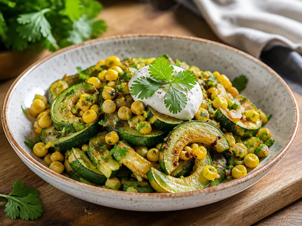 Sautéed zucchini and corn kernels in a skillet with a sprinkle of smoked paprika