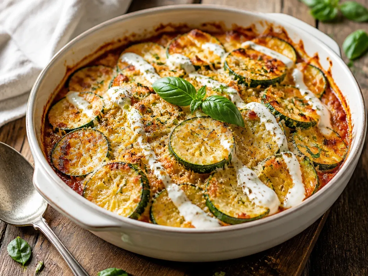 Baked zucchini Parmesan layered with marinara sauce and melted mozzarella