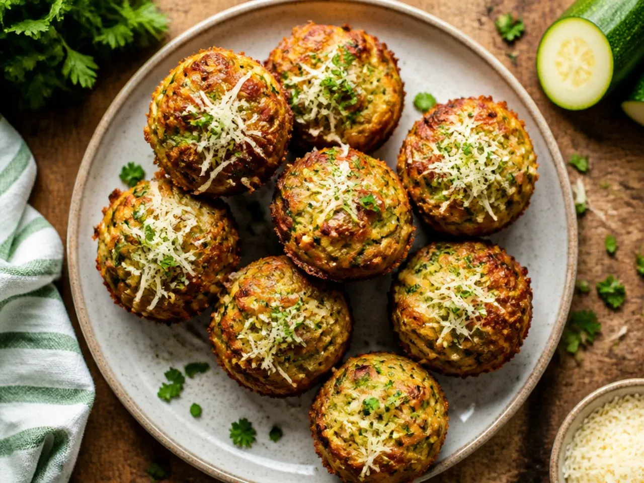 Zucchini muffins with a golden streusel topping cooling on a wire rack