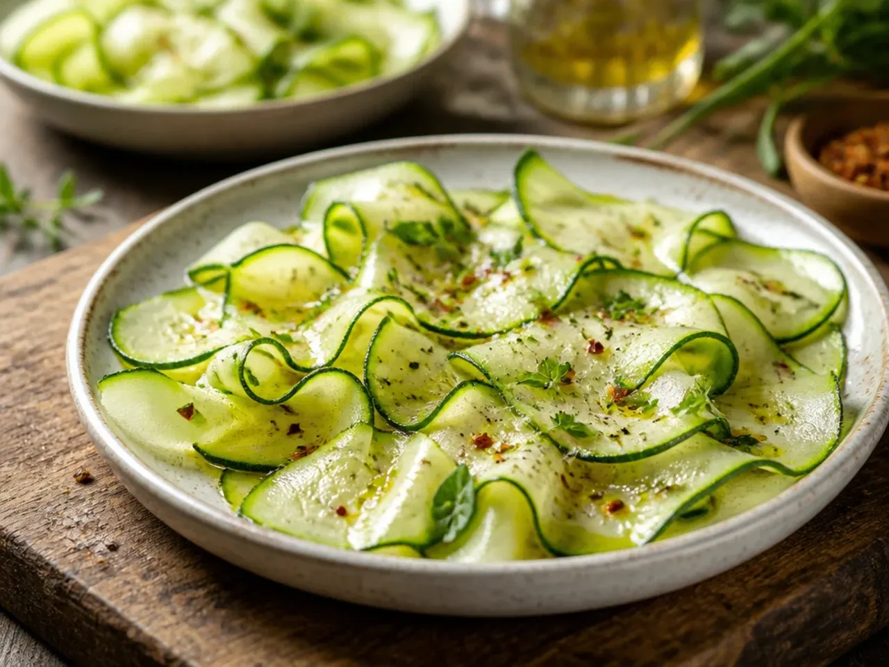 Thin shaved raw zucchini carpaccio arranged on a plate with Parmesan shavings