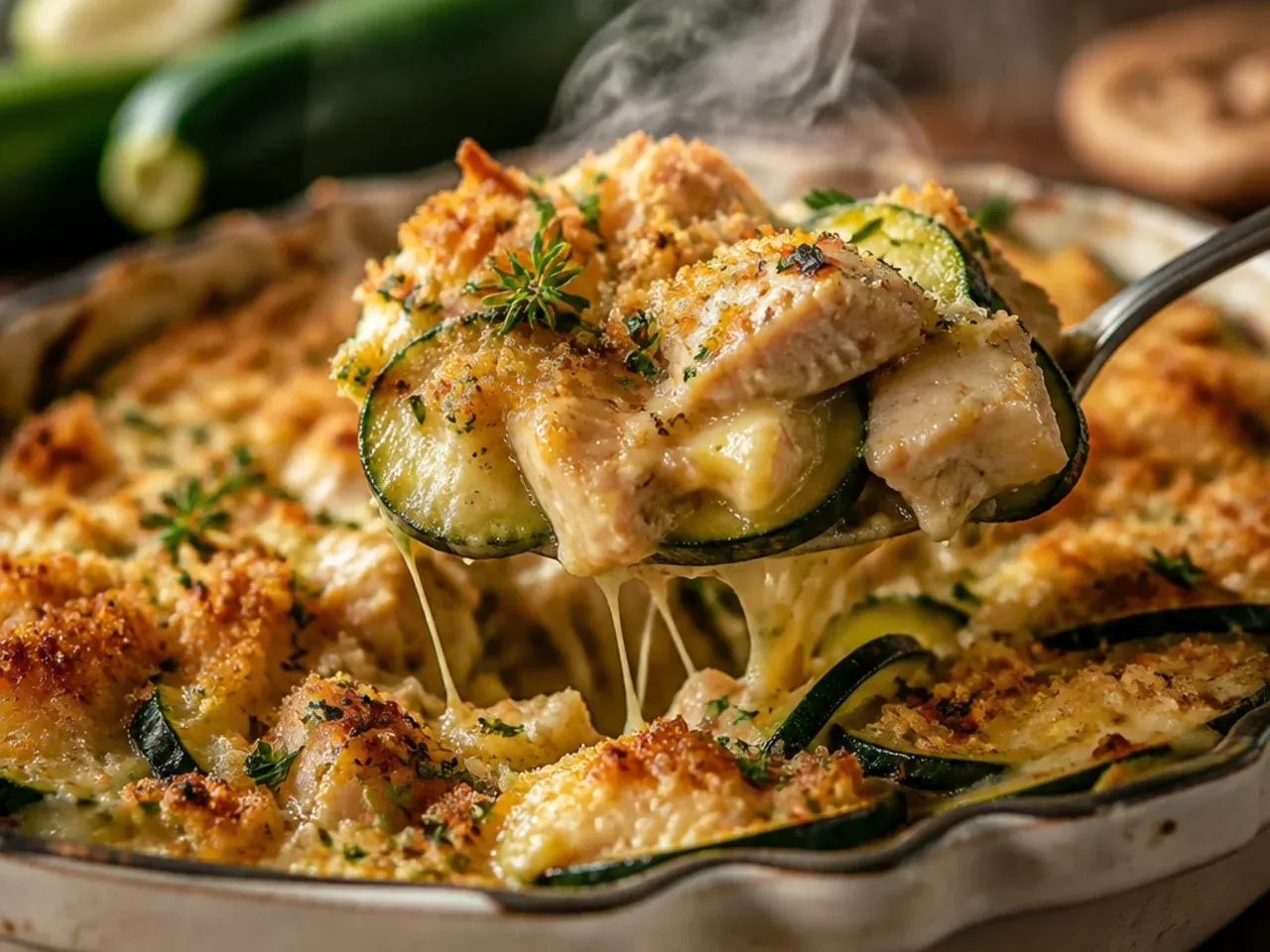 One-pan chicken and zucchini skillet bake with cherry tomatoes and melted cheese