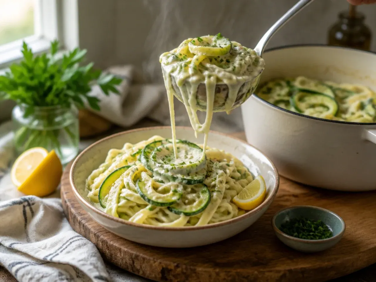 Bowl of creamy zucchini Alfredo pasta topped with grated Parmesan and black pepper