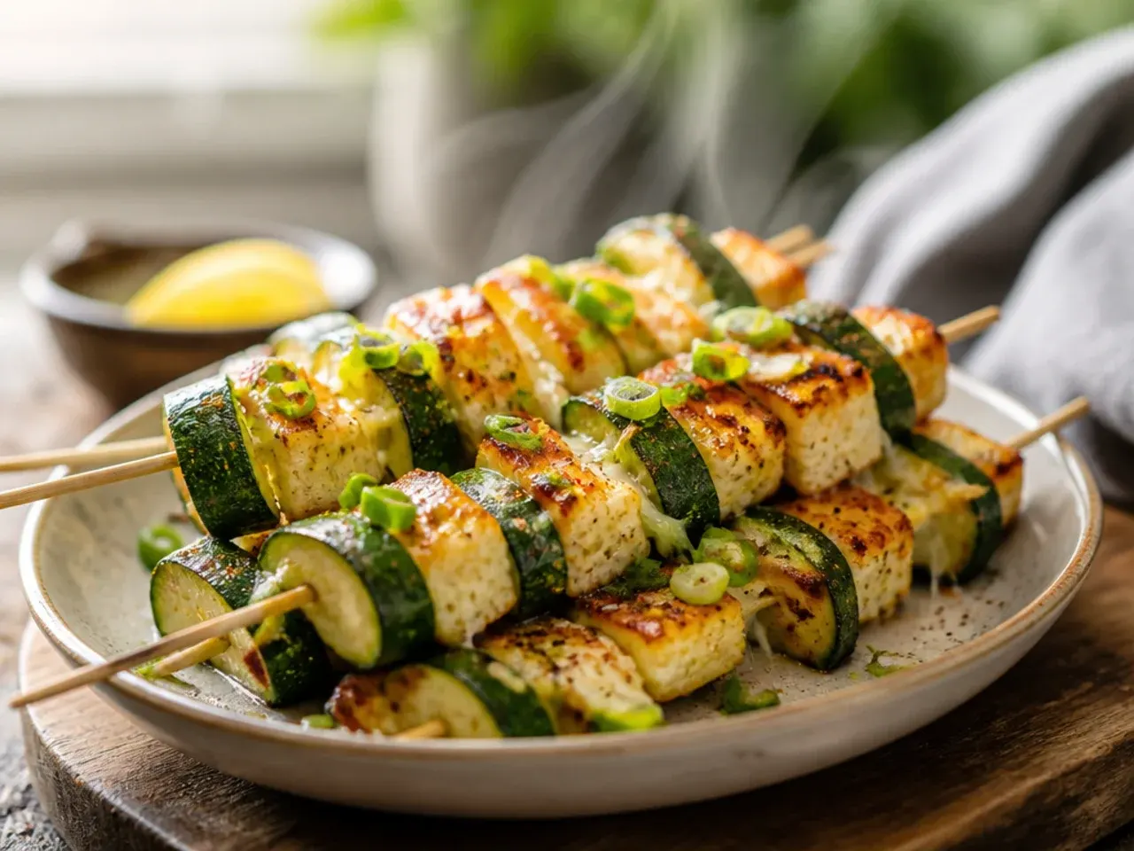 Grilled zucchini and halloumi skewers with golden char marks on a serving plate