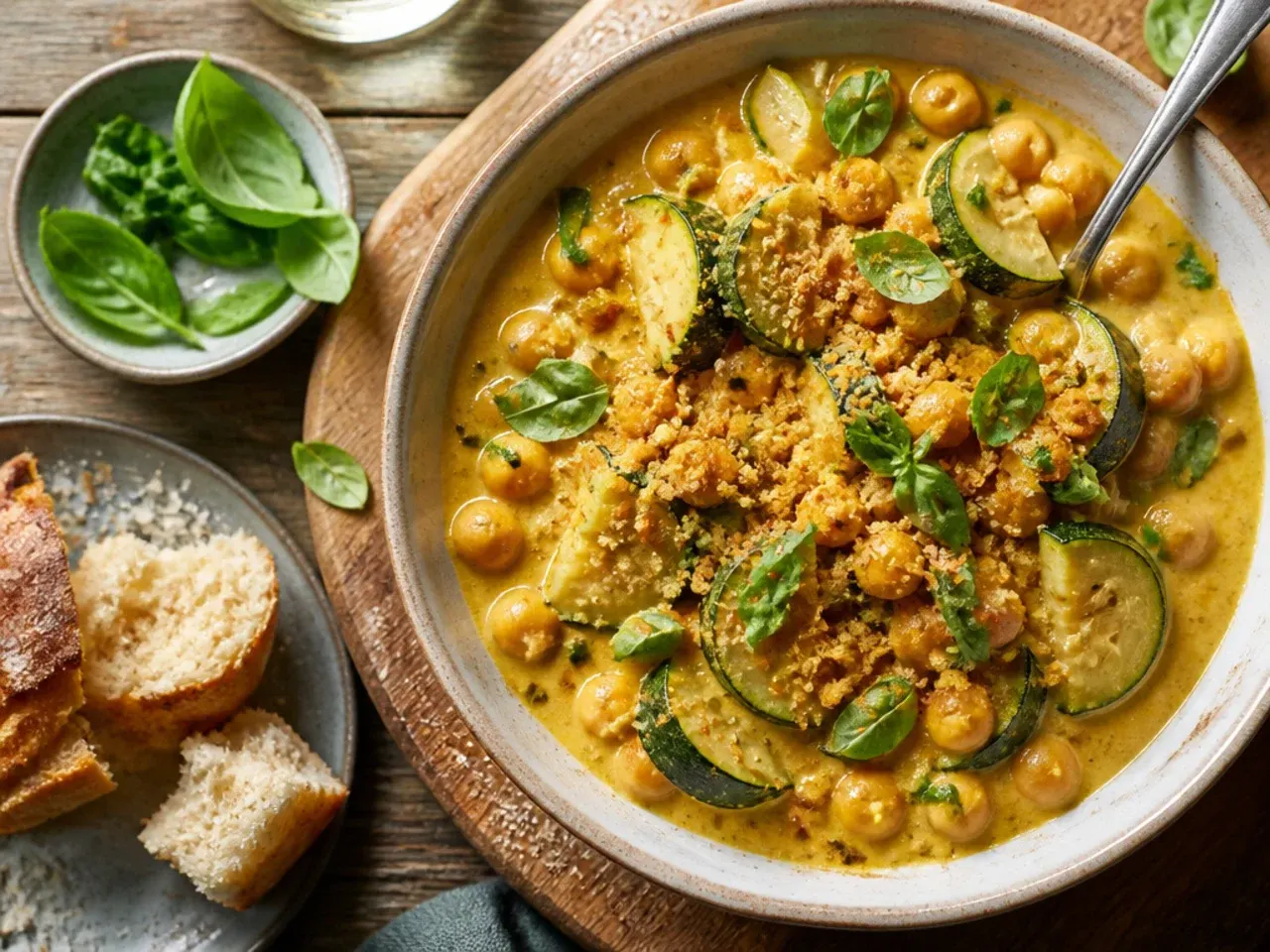 Zesty zucchini and chickpea curry in coconut sauce served over rice