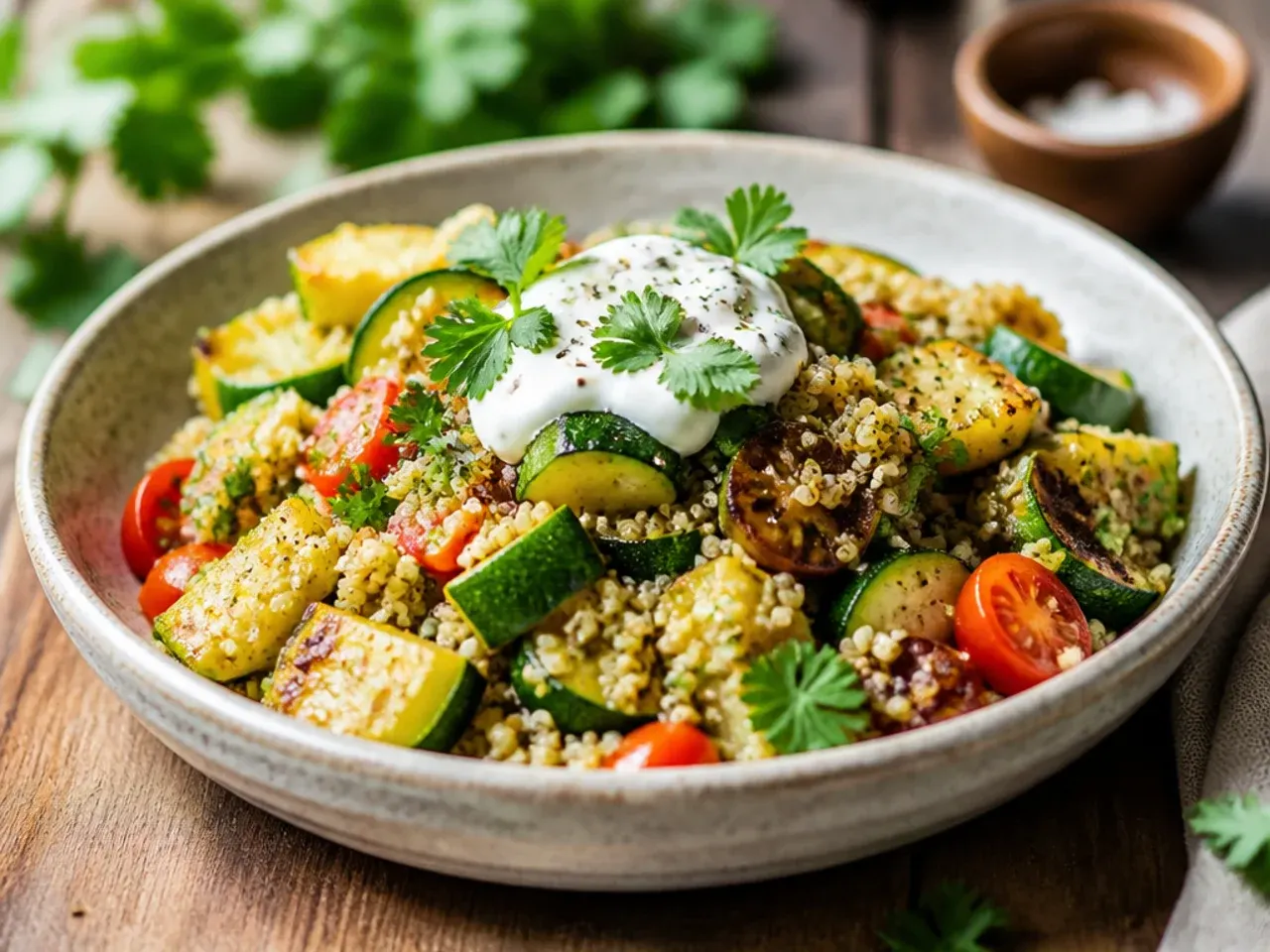 Wholesome zucchini and quinoa salad with feta and cherry tomatoes in a bowl