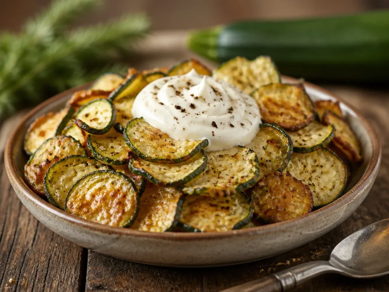 Crispy thin oven-baked zucchini chips arranged on a baking tray