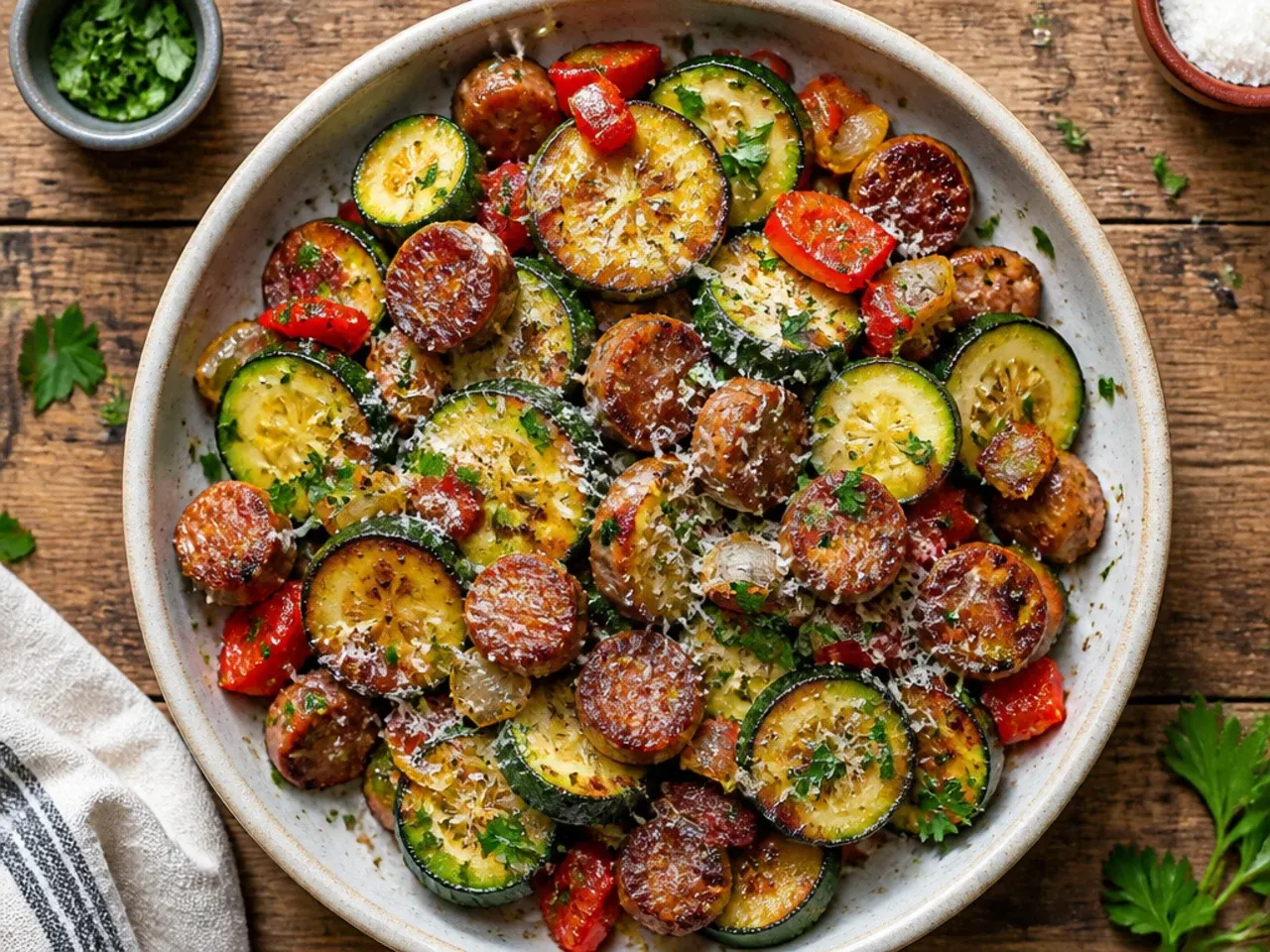 Sheet-pan dinner of roasted sausage, zucchini, and red onion fresh from the oven